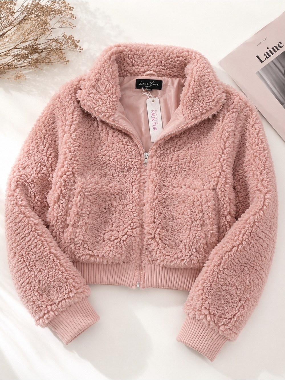 Love Tree Blush Pink Teddy Sherpa Faux Fur Zip Jacket NWT Size M